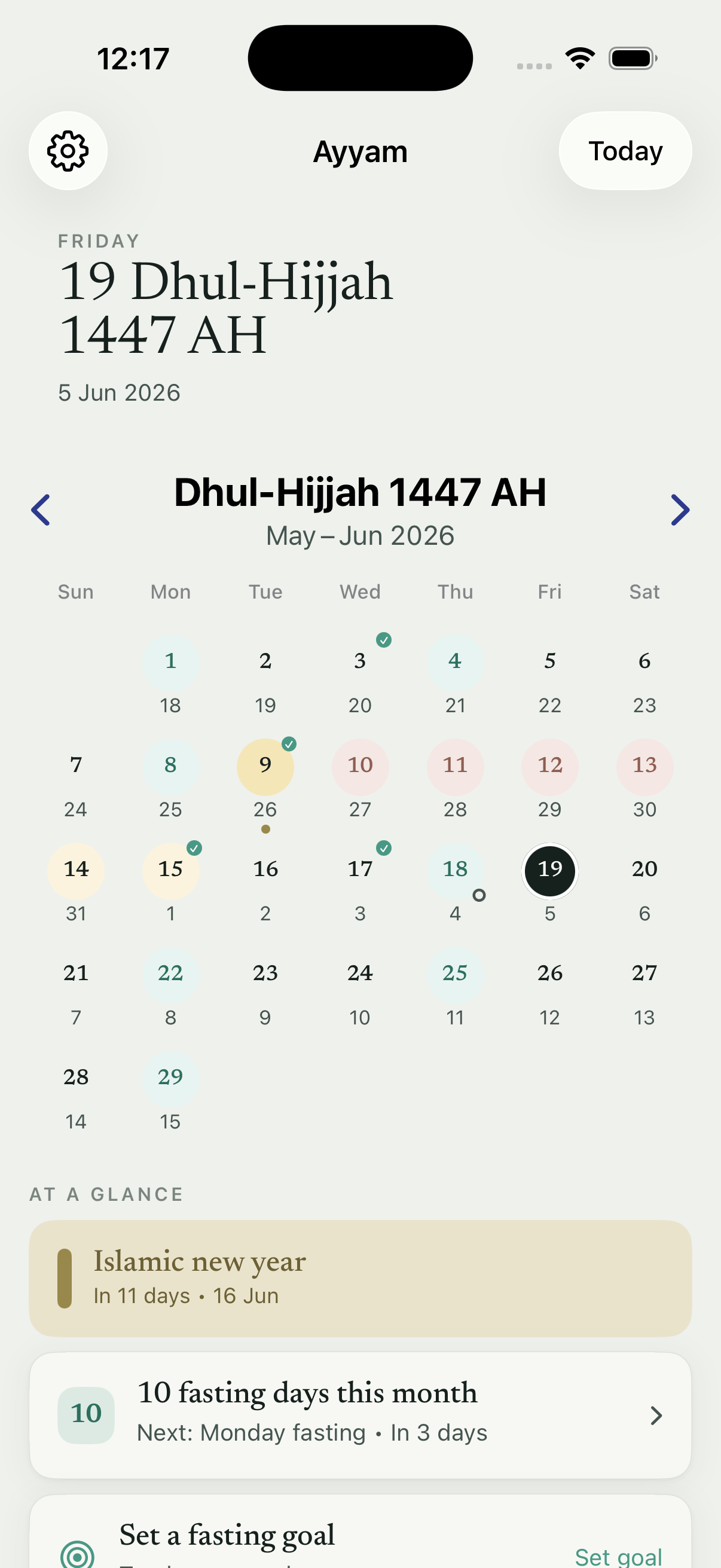 Ayyam app showing the Hijri calendar with fasting days highlighted